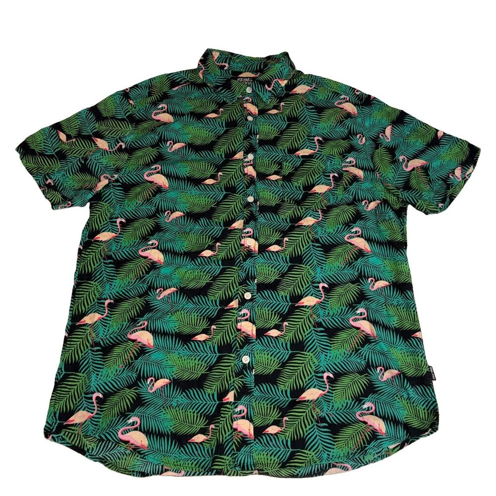 Rebel Star Mens XL Tropical Flamingo Shirt Short Sleeve Palm Tree Hawaiian